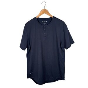 BYLT Drop Cut S/S‎ Henley Shirt Lux Size Large Tee Navy Blue Preppy Casual Golf